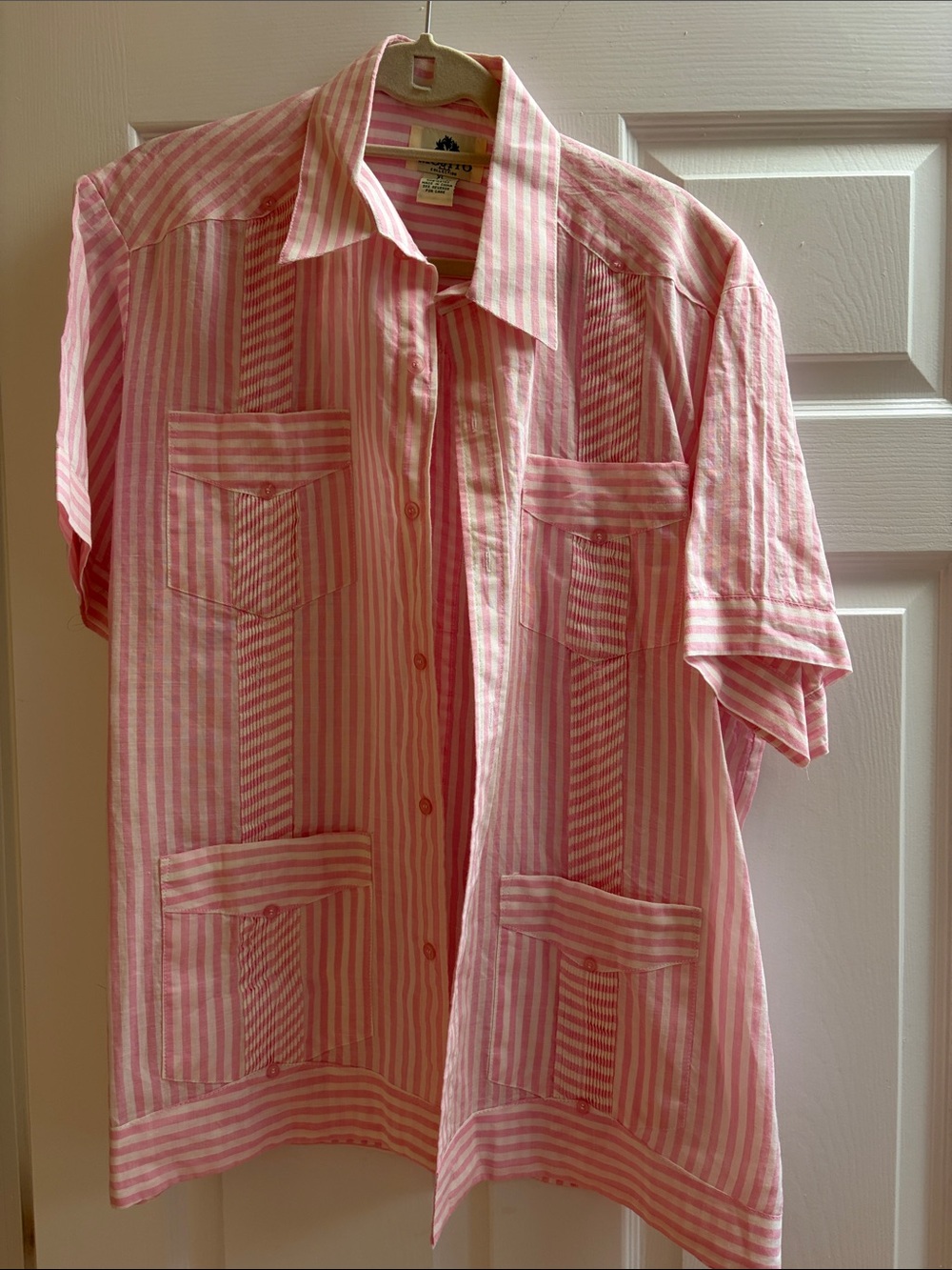 Pink Striped Short-Sleeve Men’s Linen Guayabera  Shirt